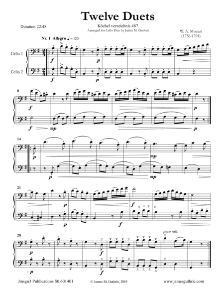 Mozart 12 Duets K 487 For Cello Duo Sheet Music