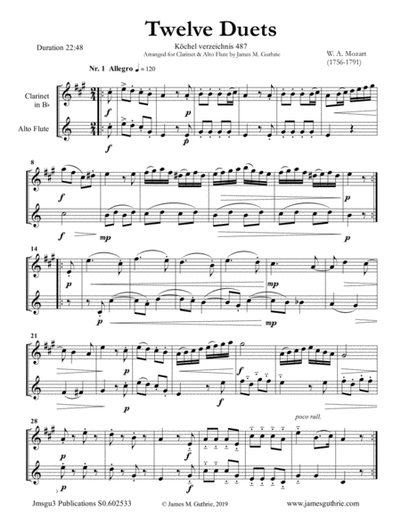 Mozart 12 Duets K 487 For Clarinet Alto Flute Sheet Music