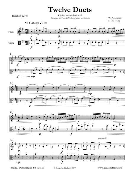 Mozart 12 Duets K 487 For Flute Viola Sheet Music