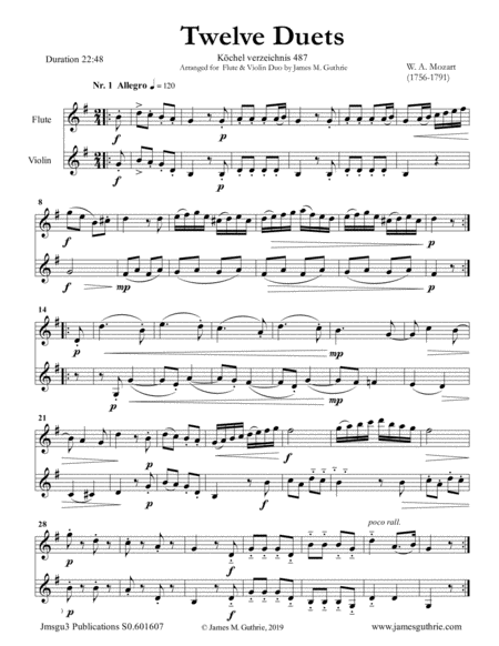 Mozart 12 Duets K 487 For Flute Violin Sheet Music