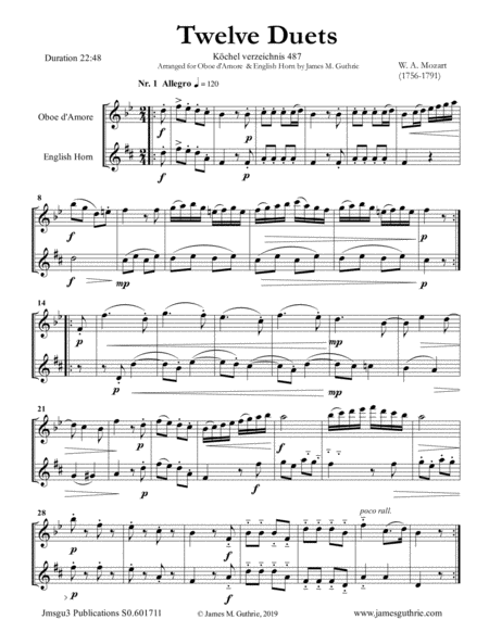 Mozart 12 Duets K 487 For Oboe D Amore English Horn Sheet Music