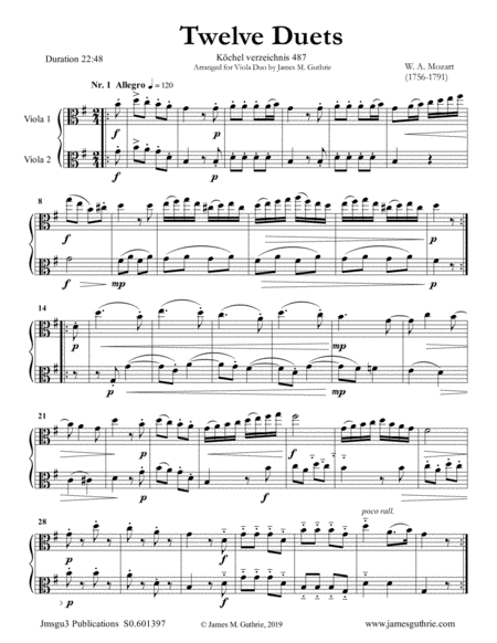 Mozart 12 Duets K 487 For Viola Duo Sheet Music