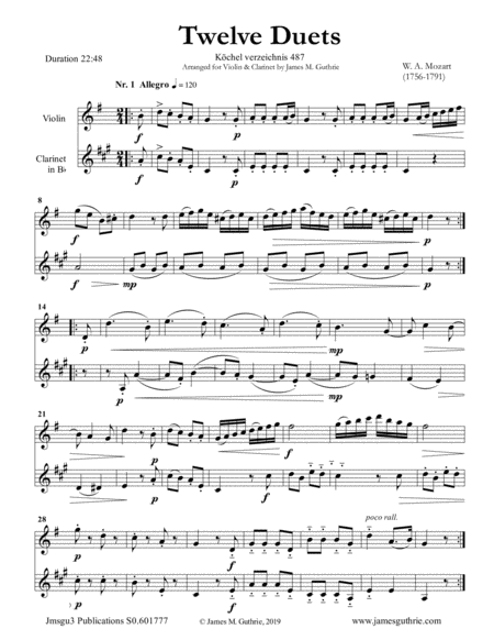 Mozart 12 Duets K 487 For Violin Clarinet Sheet Music