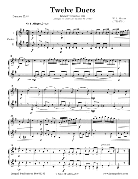 Free Sheet Music Mozart 12 Duets K 487 For Violin Duo