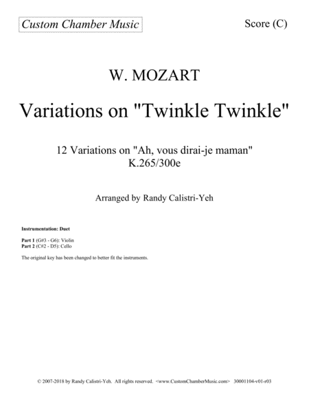 Mozart 12 Variations On Twinkle Twinkle Little Star Ah Vous Dirai Je Maman For Violin And Cello Sheet Music