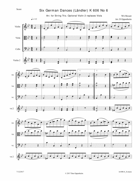 Free Sheet Music Mozart 6 German Dances K 606 No 6 Arr For String Trio Optional 2nd Violin Replaces The Viola