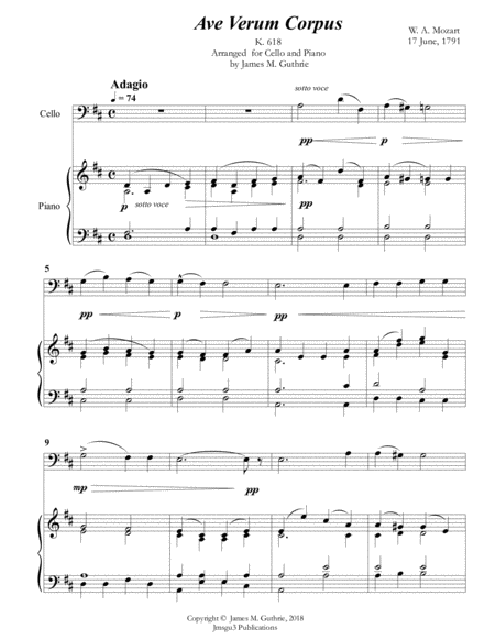 Free Sheet Music Mozart Ave Verum Corpus For Cello Piano