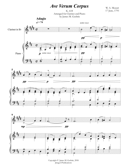 Free Sheet Music Mozart Ave Verum Corpus For Clarinet Piano