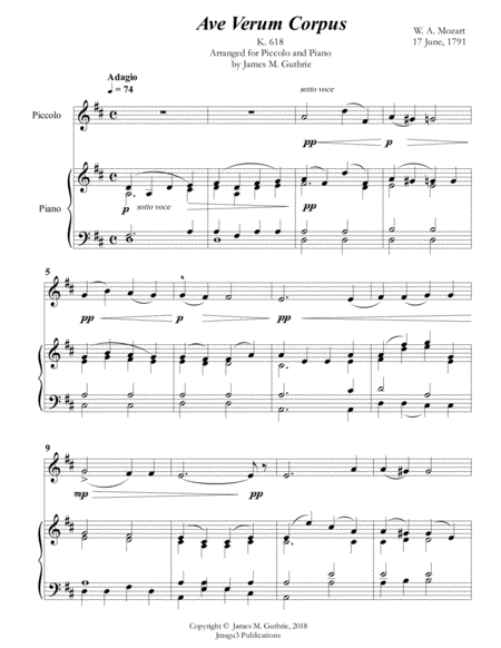 Free Sheet Music Mozart Ave Verum Corpus For Piccolo Piano
