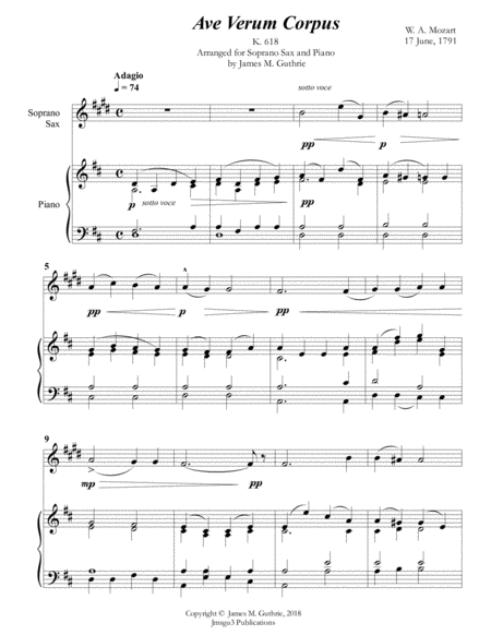 Free Sheet Music Mozart Ave Verum Corpus For Soprano Sax Piano