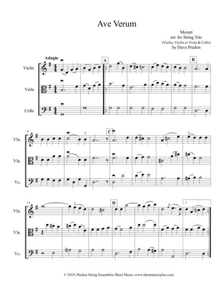 Mozart Ave Verum For String Trio Sheet Music