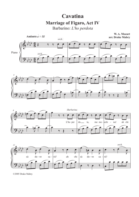 Mozart Cavatina From The Marriage Of Figaro Sheet Music