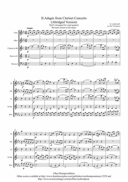 Mozart Clarinet Concerto K622 Mvt Ii Adagio Abridged Version In Eb Wind Quintet Clarinet Feature Sheet Music