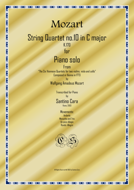 Free Sheet Music Mozart Complete String Quartet No 10 In C Major K170 For Piano Solo