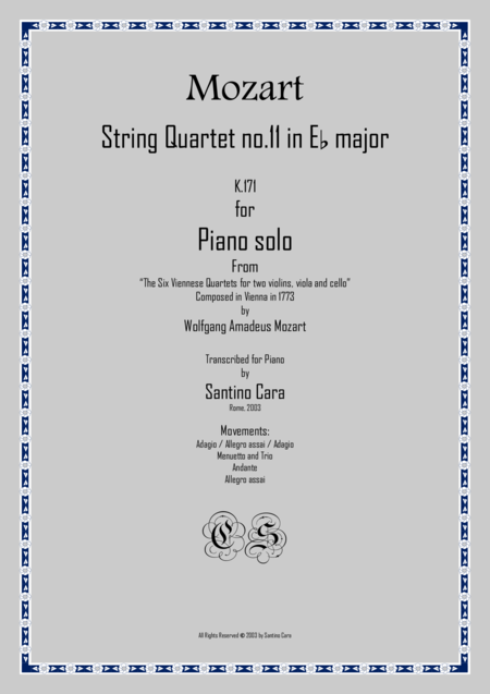 Mozart Complete String Quartet No 11 In E Flat Major K171 For Piano Solo Sheet Music