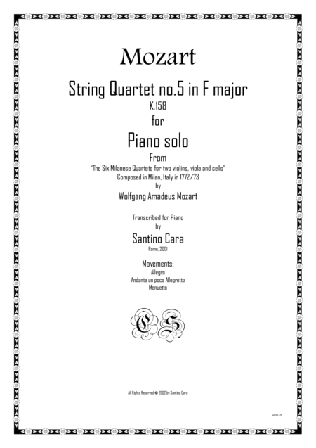 Mozart Complete String Quartet No 5 In F Major K158 For Piano Solo Sheet Music