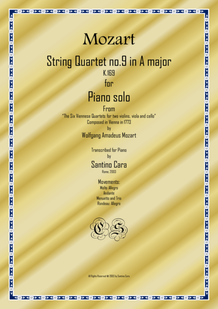 Mozart Complete String Quartet No 9 In A Major K169 For Piano Solo Sheet Music