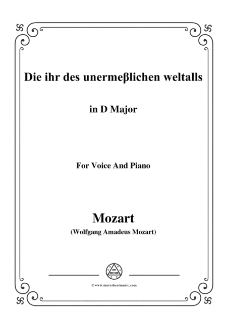 Mozart Die Ihr Des Unerme Lichen Weltalls In D Major For Voice And Piano Sheet Music