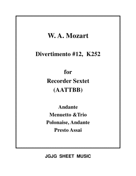 Mozart Divertimento 12 For Recorder Sextet Sheet Music