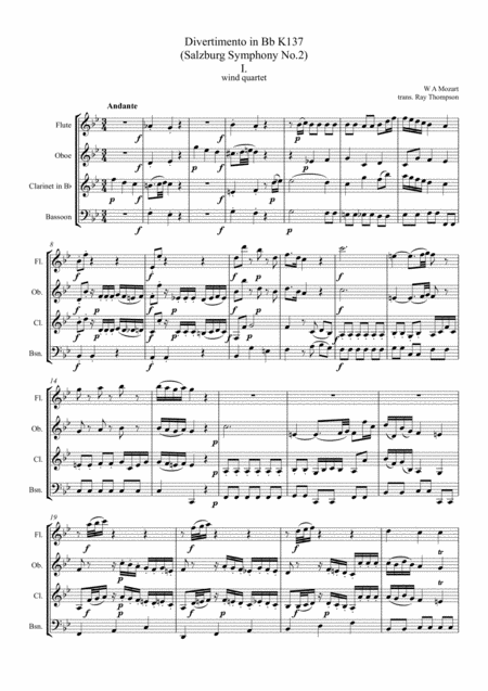 Mozart Divertimento In Bb Salzburg Symphony No 2 K137 Originally For String Quartet Orchestra Complete Wind Quartet Sheet Music