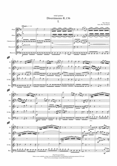 Mozart Divertimento In D Salzburg Symphony No 1 K136 Originally For String Quartet Orchestra Complete Wind Quintet Sheet Music