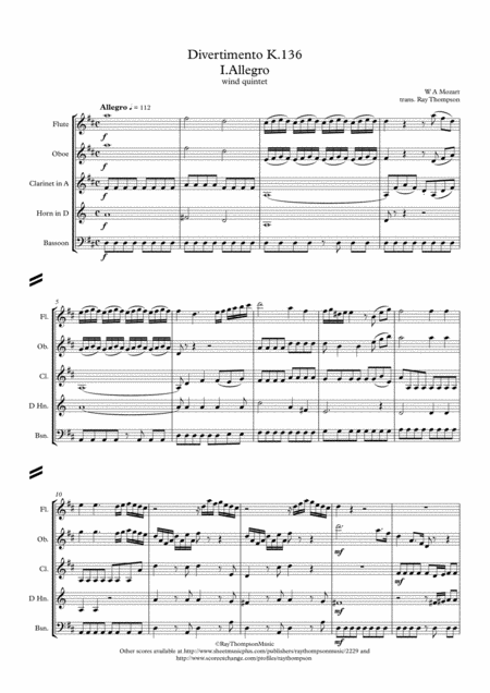 Mozart Divertimento In D Salzburg Symphony No 1 K136 Originally For String Quartet Orchestra Mvt 1 Allegro Wind Quintet Sheet Music