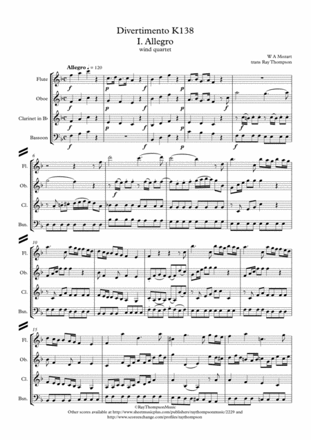 Mozart Divertimento In F Salzburg Symphony No 3 K138 Originally For String Quartet Orchestra Mvt 1 Allegro Wind Quartet Sheet Music