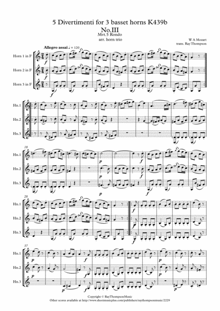 Mozart Divertimento No 3 Mvt V Rondo From Five Divertimenti For 3 Basset Horns K439b Horn Trio Sheet Music