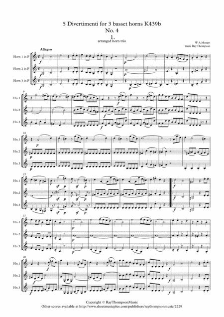 Mozart Divertimento No 4 Complete From Five Divertimenti For 3 Basset Horns Kv439b Horn Trio Sheet Music