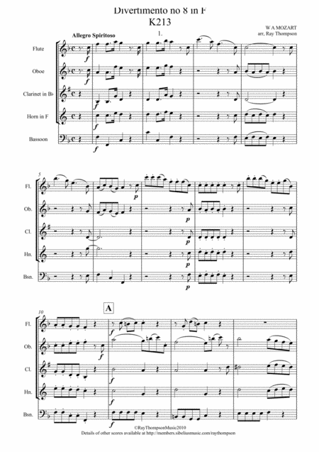 Free Sheet Music Mozart Divertimento No 8 In F K213 Wind Quintet