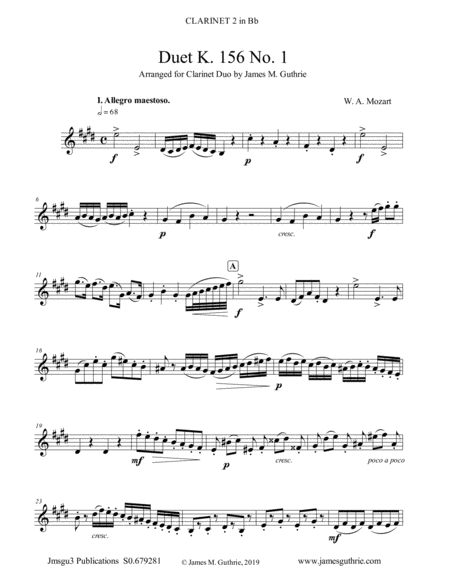 Mozart Duet K 156 No 1 For Clarinet Duo Sheet Music