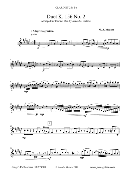 Free Sheet Music Mozart Duet K 156 No 2 For Clarinet Duo