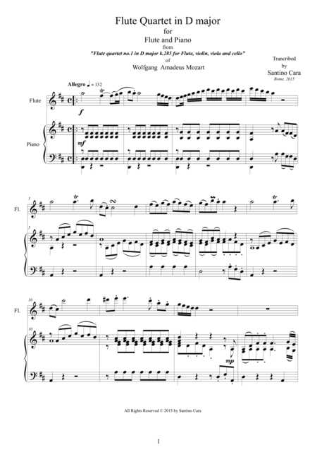 Free Sheet Music Mozart Flute Quartet In D K 285 1 Allegro Version Flute And Piano