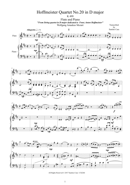 Mozart Hoffmeister Quartet No 20 In D Major K499 For Flute And Piano Score And Part Sheet Music