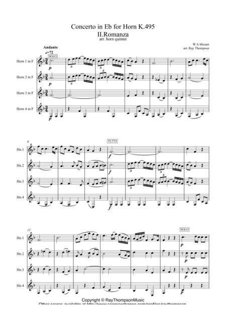 Free Sheet Music Mozart Horn Concerto In Eb K495 Mvt Ii Romanza Romance Horn Quartet