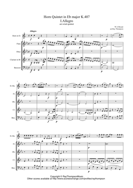 Mozart Horn Quintet K407 Complete Wind Quintet Sheet Music