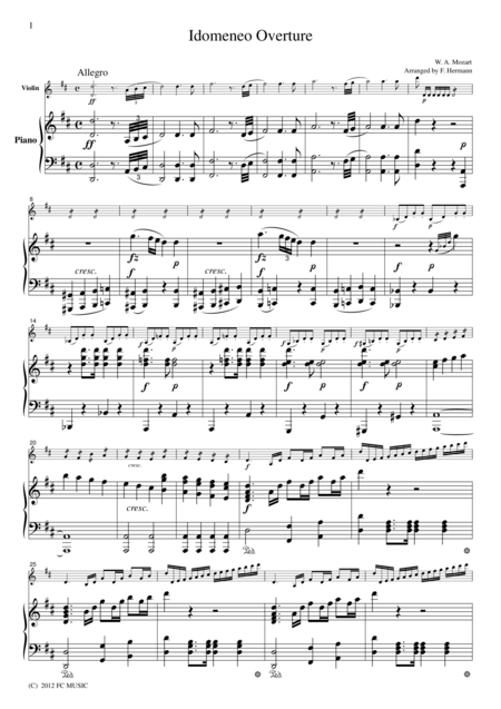 Free Sheet Music Mozart Idomeneo Overture For Violin Piano Vm001