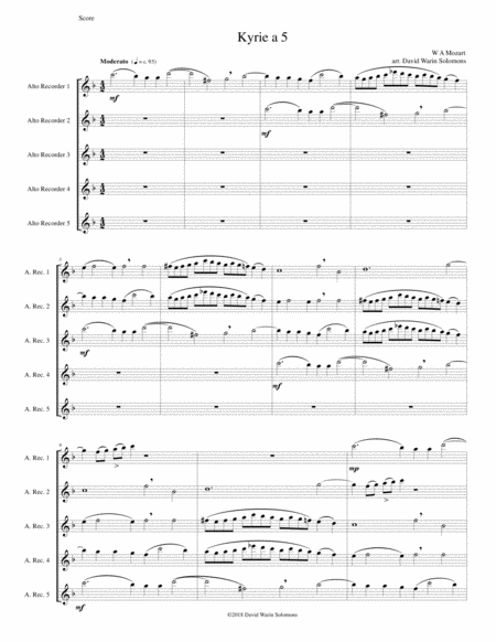 Mozart Kyrie Canon A 5 Arranged For 5 Alto Recorders Sheet Music