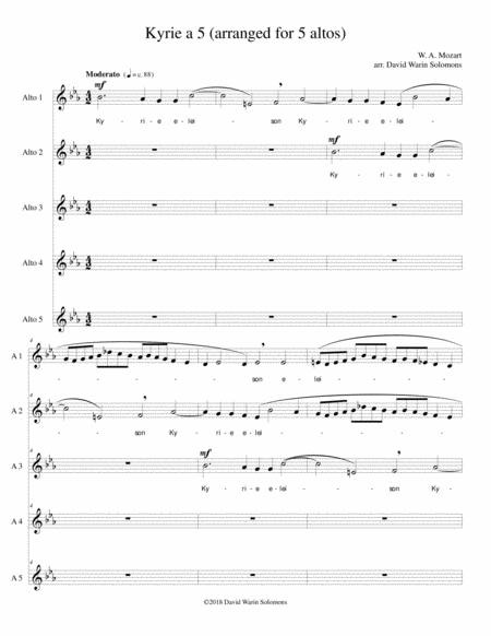 Mozart Kyrie Canon A 5 Arranged For 5 Altos Or 5 Baritones Sheet Music