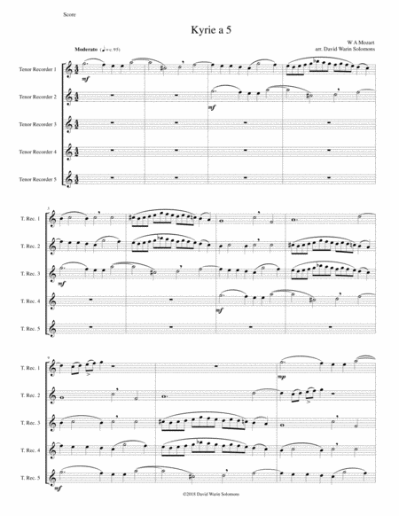 Mozart Kyrie Canon A 5 Arranged For 5 Tenor Recorders Sheet Music