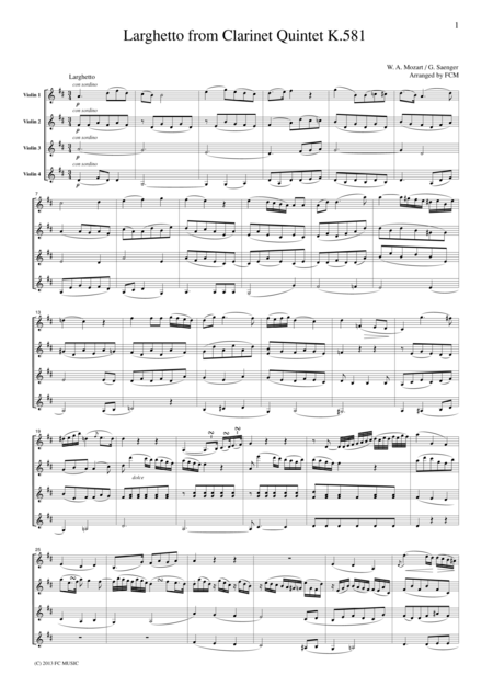 Mozart Larghetto From Clarinet Quintet K 581 For 4 Violins Vn403 Sheet Music