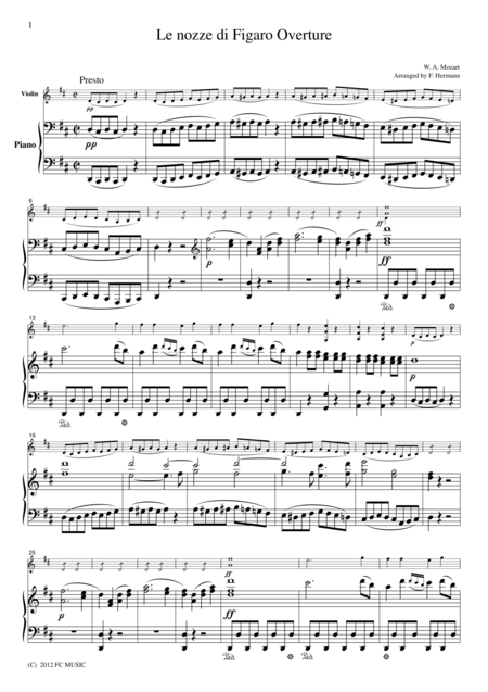 Mozart Le Nozze Di Figaro Overture For Violin Piano Vm003 Sheet Music