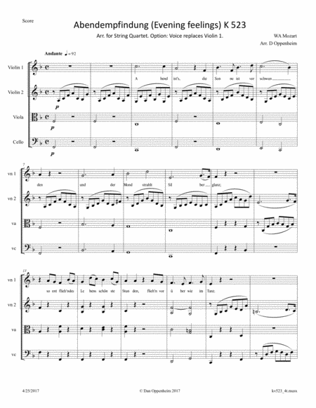 Free Sheet Music Mozart Lied Abendempfindung Evening Feelings K 523 Arr For String Quartet Option Voice Replaces Violin 1