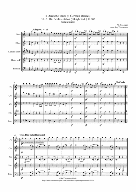 Mozart No 3 Die Schlittenfahrt Sleigh Ride Of 3 Deutsche Tnze 3 German Dances K 605 Wind Quintet Sheet Music