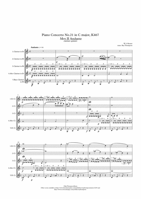 Mozart Piano Concerto No 21 In C Elvira Madigan K467 Mvt Ii Andante Clarinet Quintet Ensemble Sheet Music