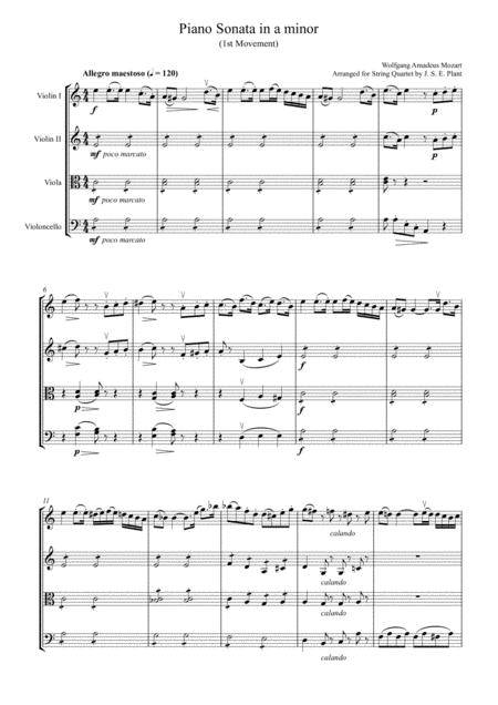 Mozart Piano Sonata In A Minor K 310 Mov 1 Allegro Maestoso For String Quartet Score And Parts Sheet Music