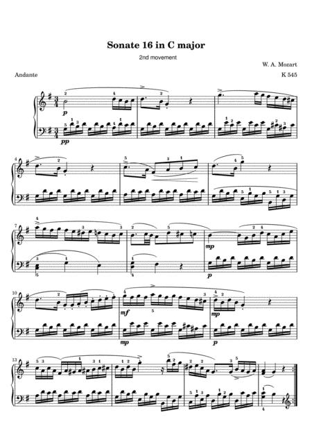 Free Sheet Music Mozart Piano Sonata K545 2nd Movement Original Version
