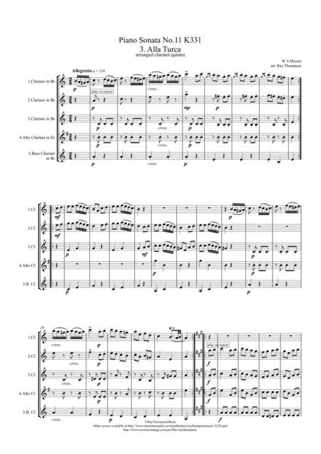 Mozart Piano Sonata No 11 In A K331 Mvt Iii Rondo Alla Turca Turkish March Clarinet Quintet Sheet Music