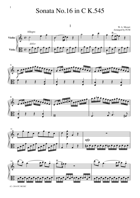 Mozart Piano Sonata No 16 In C K 545 All Mvts For Violin Viola Vn210 Sheet Music