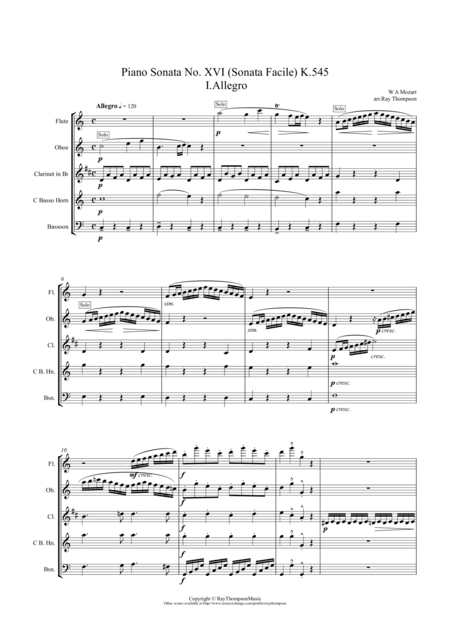 Free Sheet Music Mozart Piano Sonata No 16 In C K 545 Sonata Facile Semplice Mvt I Allegro Wind Quintet